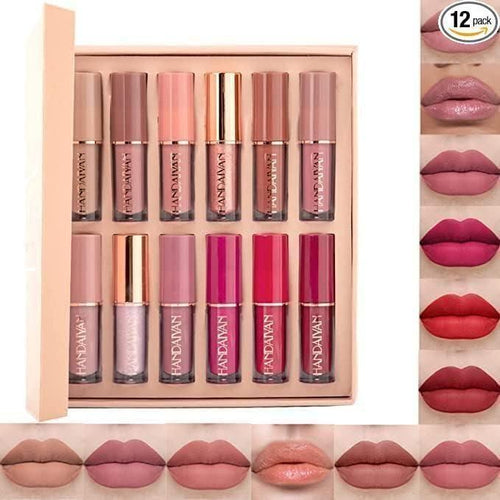 Lip color swatches displaying 12 matte lipstick shades from nude to bold colors