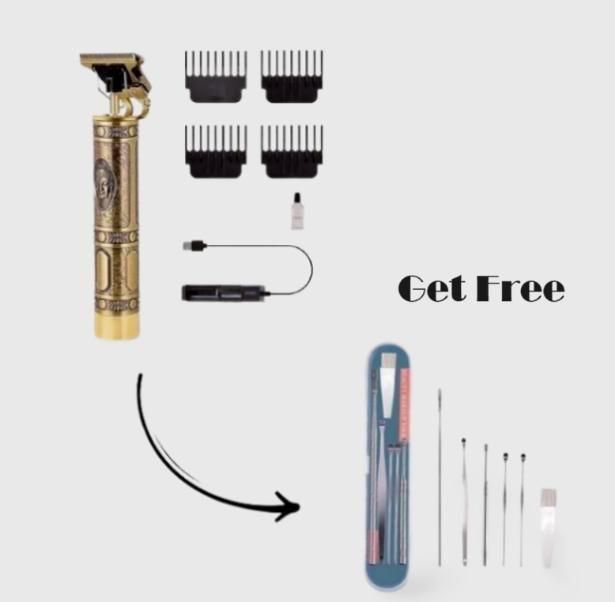 Complete men's grooming kit components including trimmer, shaver, and ear cleaning tools laid out