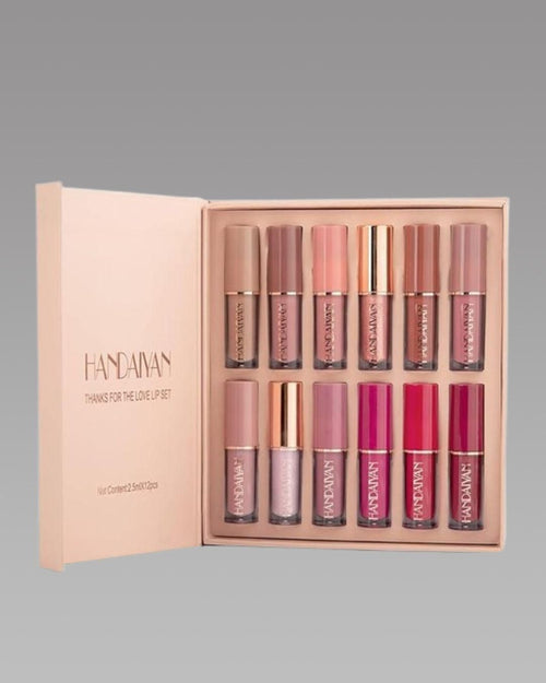 12-piece velvet matte liquid lipstick set in multicolor shades with long-lasting waterproof formula for women