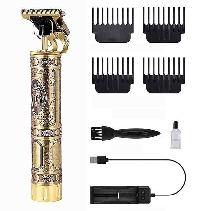Men's hair trimmer and electric shaver kit with ear cleaning spoon set on white background